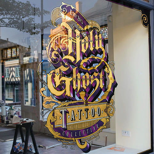 Holy Ghost Tattoo gold leaf window sign, Rotherham, Yorkshire