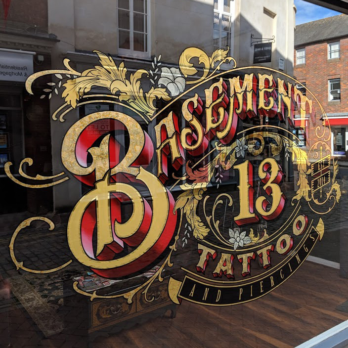 Basement 13 Tattoo Hand Painted and Gold Leaf Sign