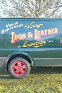 Detail of side panel signwriting vinnie Huntsmans iron and leather emporium side panel