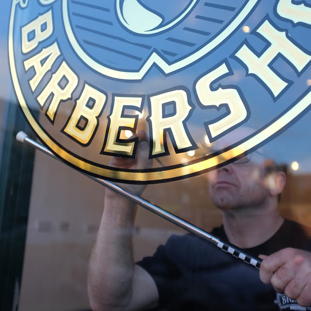 barber shop sign signwriting in porgress by paul banks